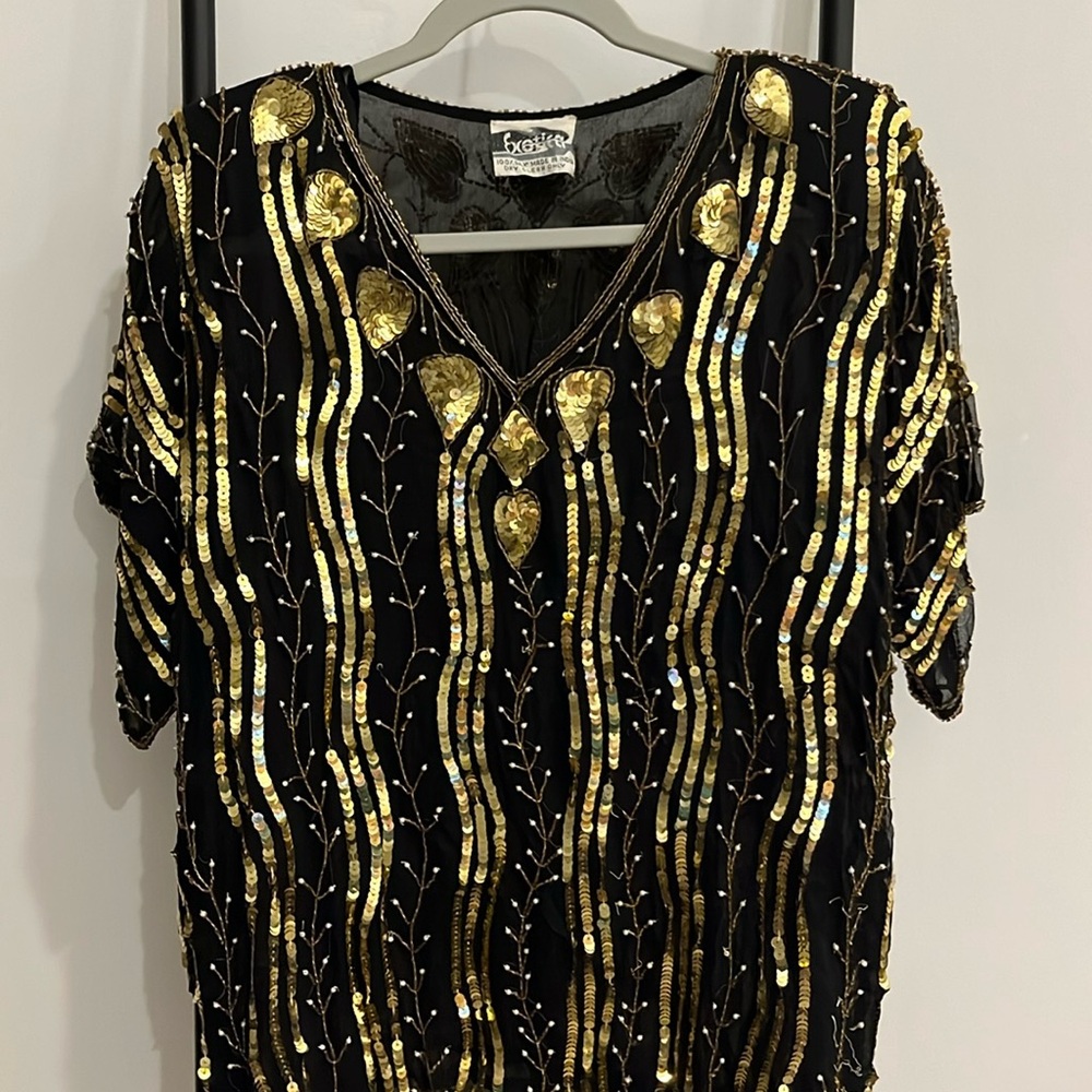 Vintage Disco Exotica Black Silk Gold Sequin Women Round Neck Mesh Blouse Y2K